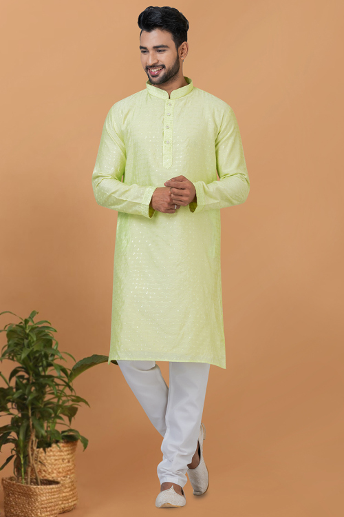 Viscose Light Green Embroidered Straight Cut Men's Kurta Churidar