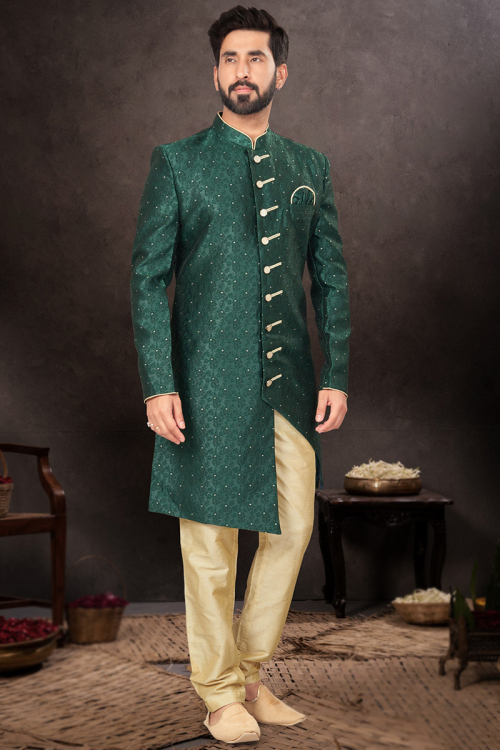 Weaved Dark Green Silk Asymmetrical Style Men's Sherwani 
