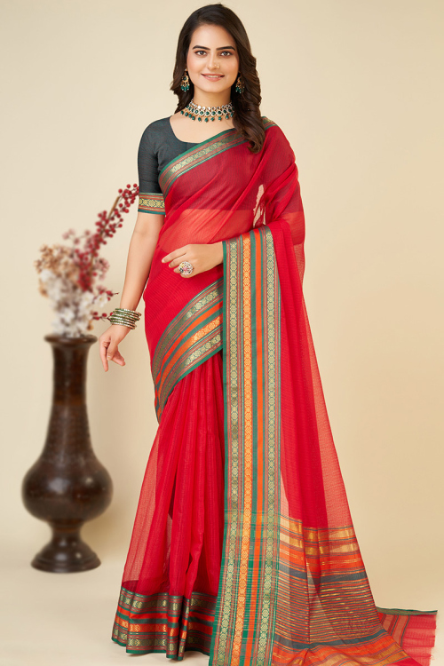 Weaved Ruby Red Kota Doria Light Weight Saree