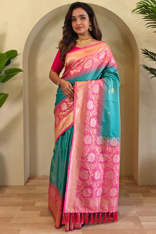 Weaved Sky Blue Silk Blend Broad Border Saree