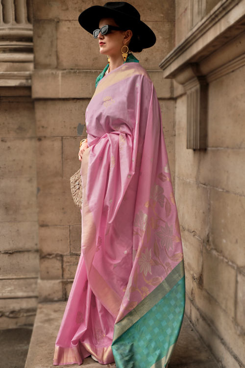 Weaved Taffy Pink Silk Light Weight Saree