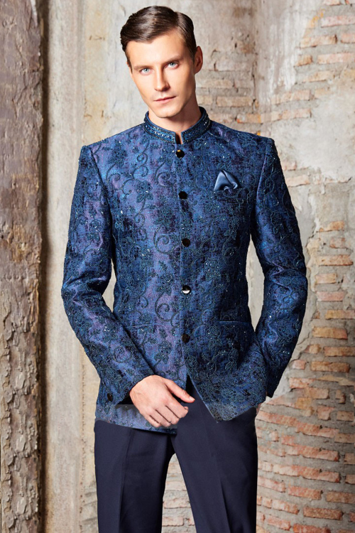 Weaved Thread Silk Men's Jodhpuri Navy Blue Suit