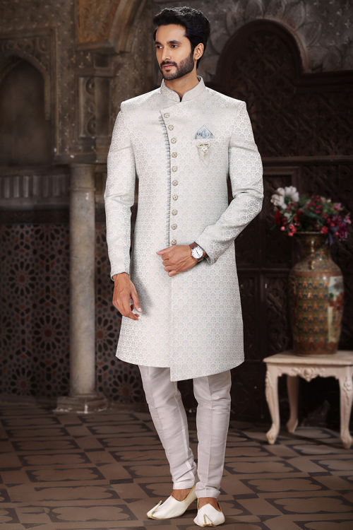 Weaved Thread White Jacquard Asymmetrical Men's Sherwani