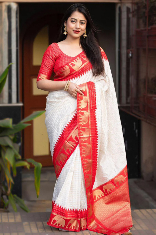 Weaved With Thread And Zari Off White Silk Sangeet Saree