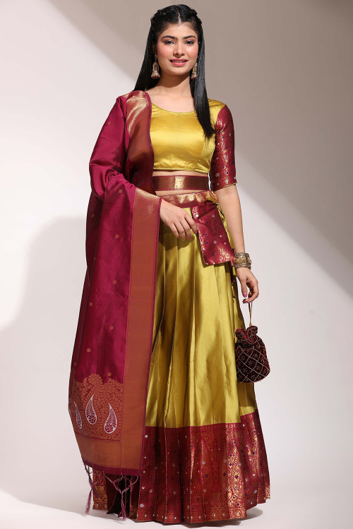 Weaved With Thread And Zari Silk Mustard Yellow Flared Lehenga