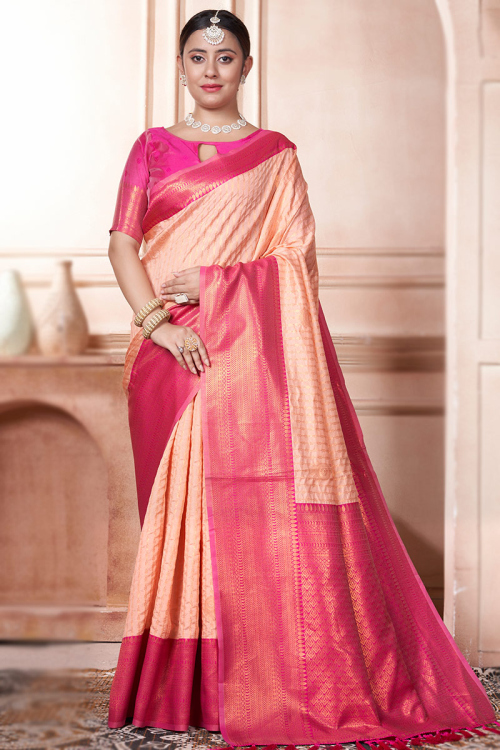 Weaved With Thread And Zari Silk Peach Broad Border Saree 
