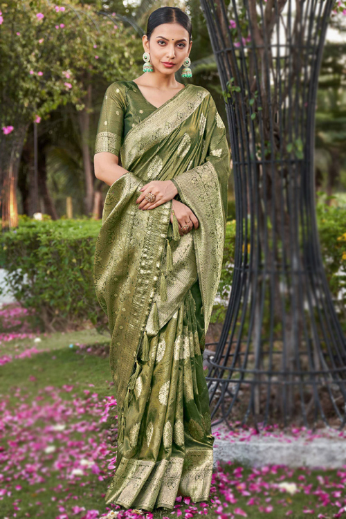 Weaved Zari Fern Green Silk Shimmer Saree