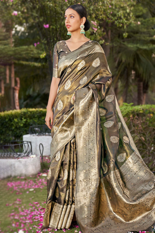 Weaved Zari Olive Brown Silk Shimmer Saree