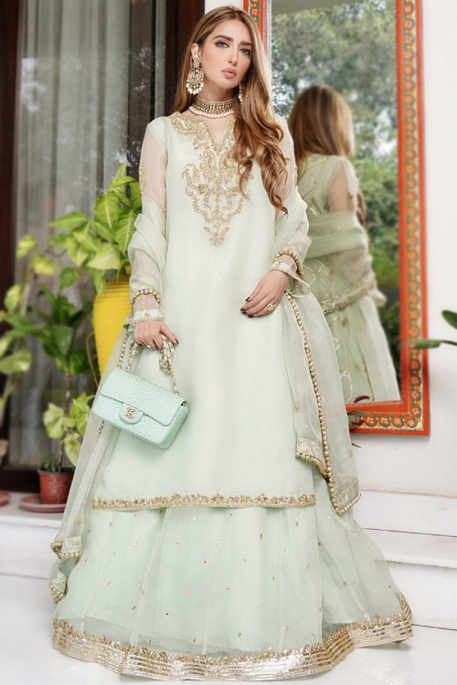 Wedding Wear Light Green Organza Embroidered Lehenga