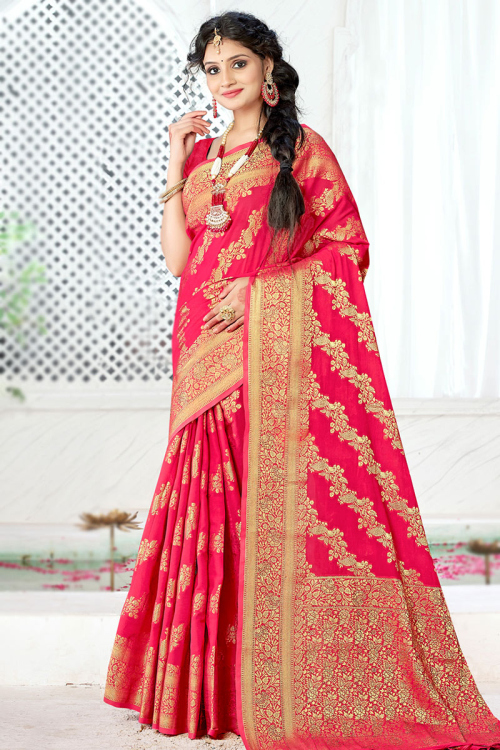 Wedding Wear Ruby Red Banarasi Silk Weaved Zari Saree 