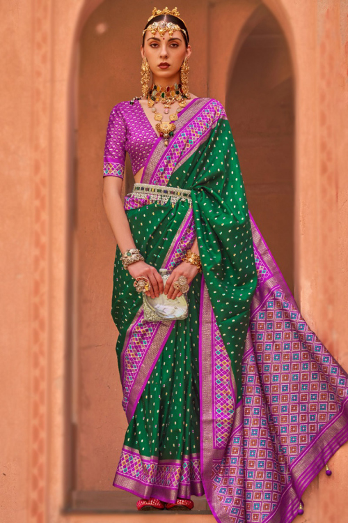 Wedding Wear Silk Dark Green Woven Zari Saree
