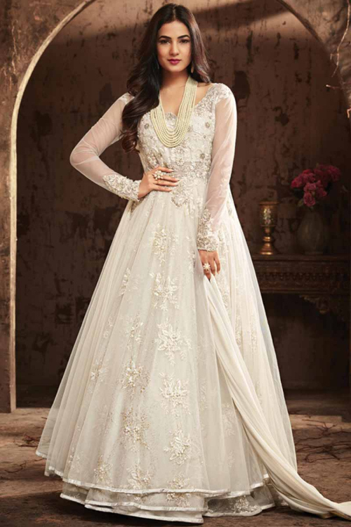 White Net Embroidered Wedding Anarkali Suit