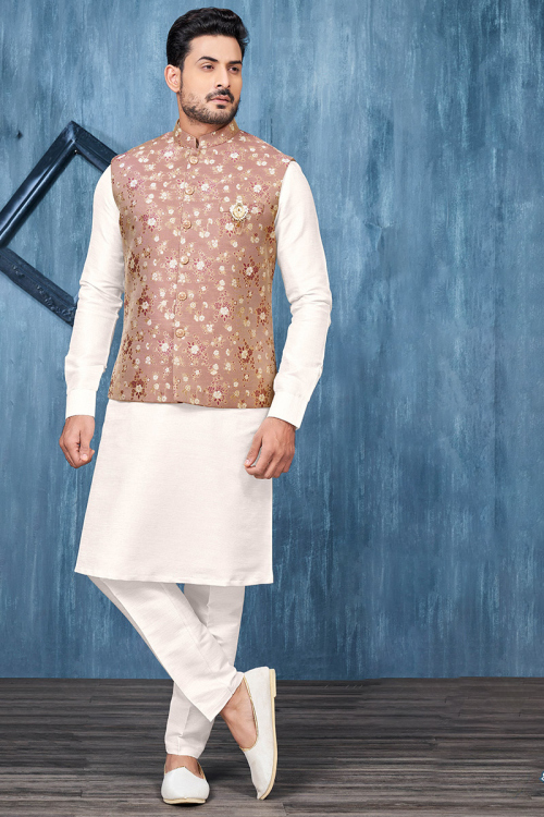White Art Silk Plain Jacket Style Men's Kurta Pajama