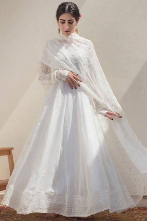 White Chiffon Floor Length Pakistani Anarkali Style Suit