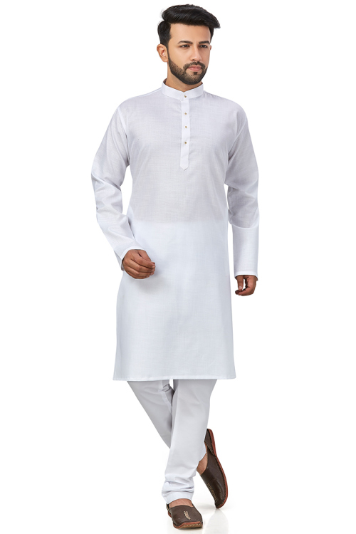 White Cotton Plain Men Kurta Pajama