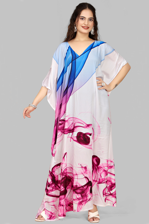 White Crepe Kaftan With Printed Work For Casual Wear