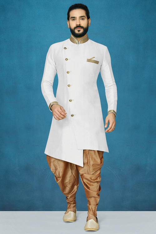 White Dupion Silk Embroidered Men Sherwani