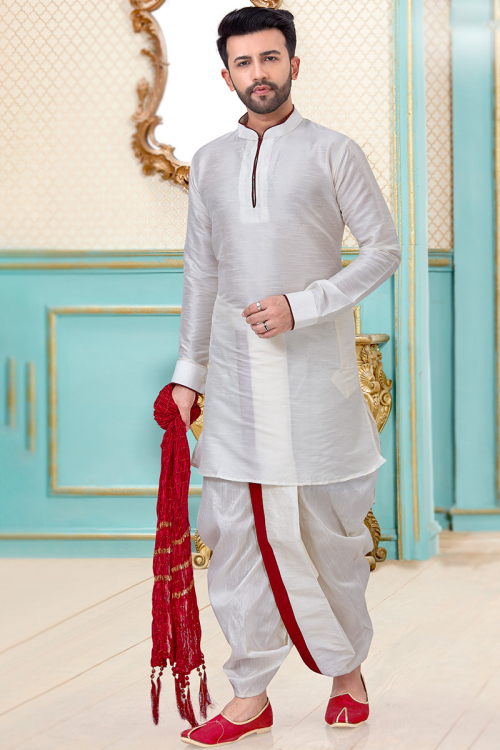 White Straight Cut Wedding Men Kurta Dhoti in Dupion Silk