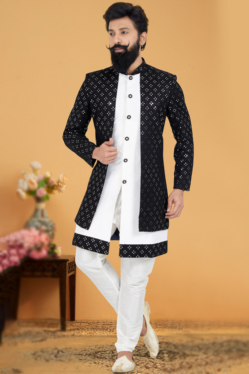 White Embroidered Jacquard Jacket Style Men's Sherwani
