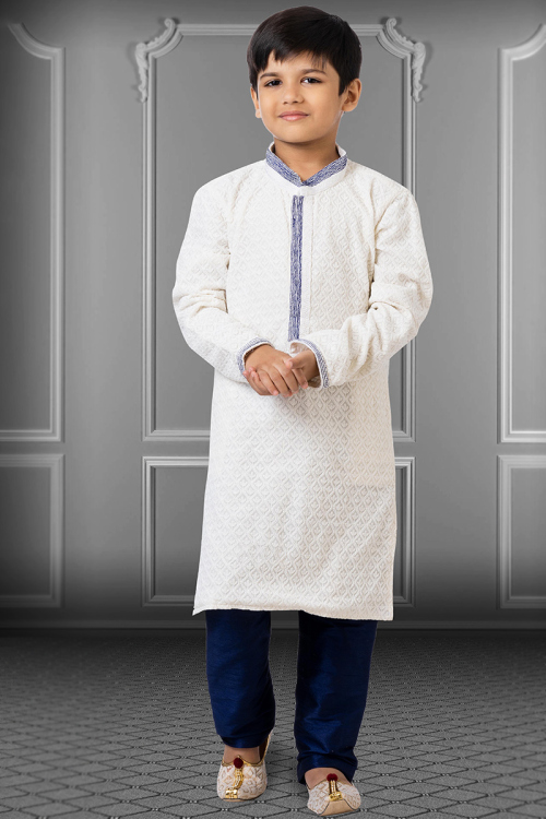 Party Wear Resham Embroidered Men Kurta Pajama in Georgette White