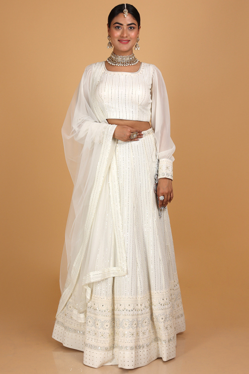 Zari Work White Lehenga in Georgette for Wedding & Party