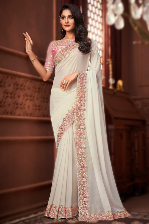 White Georgette Embroidered Party Wear Saree