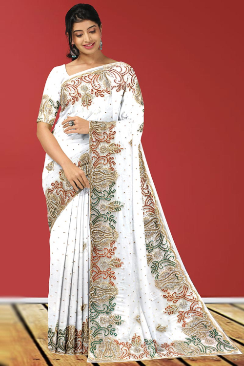Georgette White Zardosi Embroidered Saree for Party 