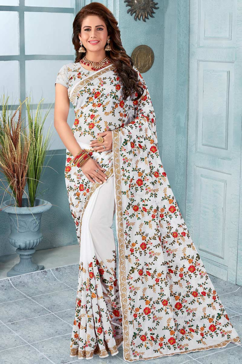 White Georgette Floral Print Saree With Stone Work