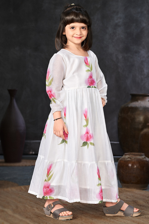 White Kota Doria Printed Casual Wear Kurti