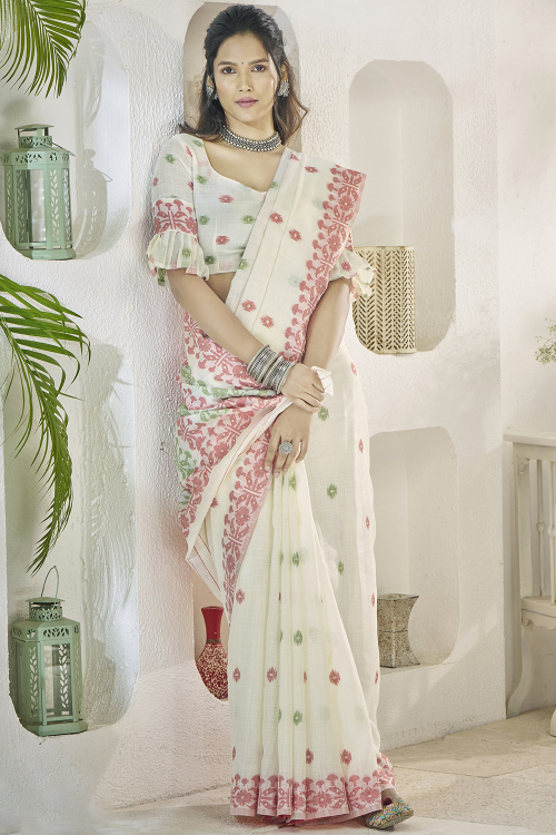 White Linen Weaved Thread Broad Border Saree 