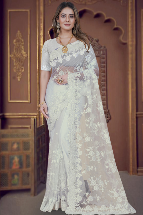 White Pearl Embroidered Net Saree 