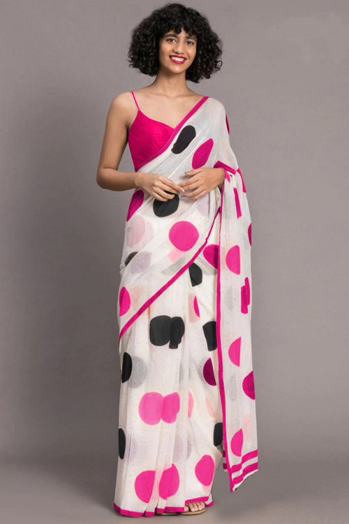 White Printed Chanderi Indian Wear Saree 