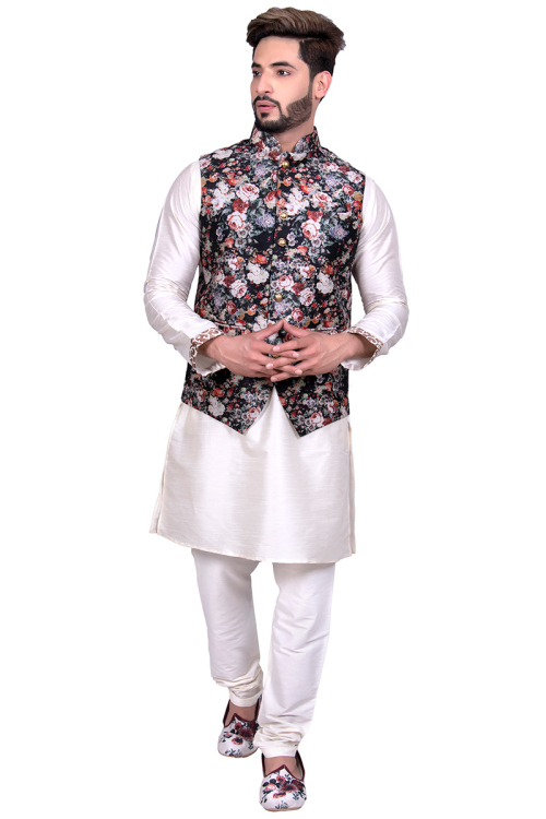 White Raw Silk Kurta Pajama With Printed Waist Coat