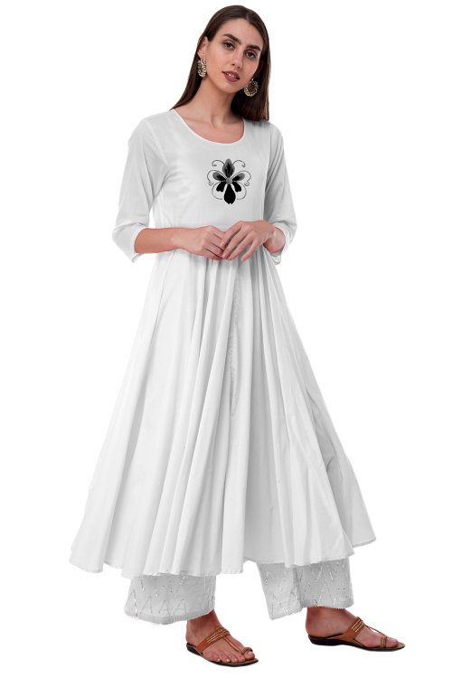 White Rayon Embroidered Anarkali Style Kurti