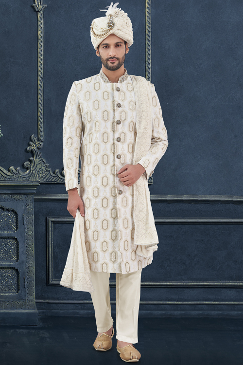 White Silk Blend Embroidered Jacket Style Men&#039;s Sherwani
