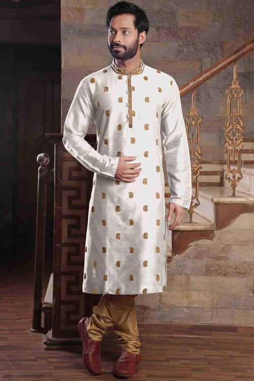 White Silk Chanderi Men Kurta Pajama