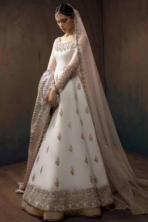 White Silk Embroidered Anarkali With Churidar Bridal Salwar Kameez