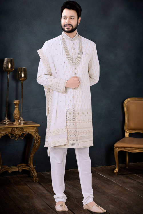 White Silk Indo-Western Men Resham Embroidered Sherwani