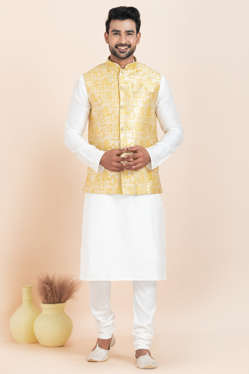 White Silk Jacket Style Men&#039;s Churidar Kurta