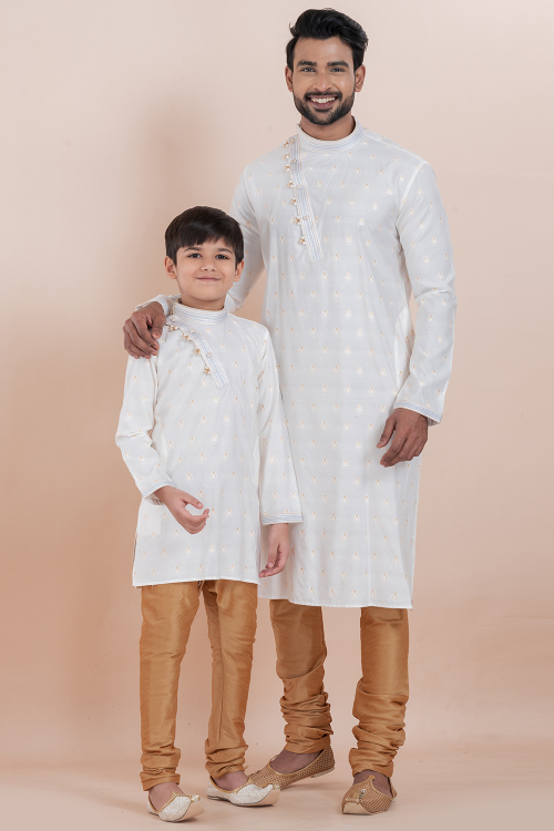 White Silk Kurta Pajama Combo for Father &amp; Son Festive Wear