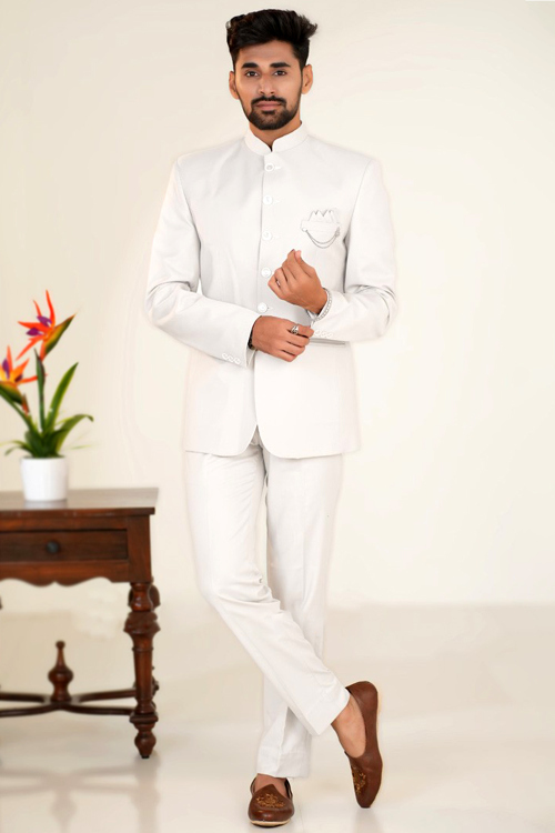 White Silk Plain Jodhpuri Style Men's Coat Pant