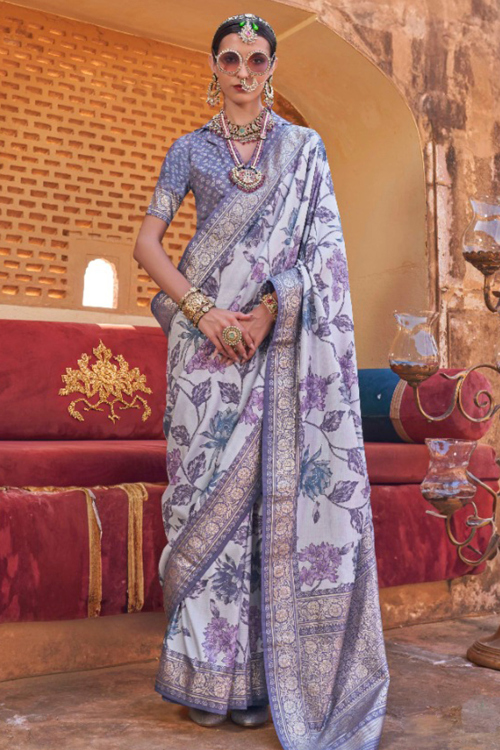 White Silk Printed Floral Saree With Purple Blouse