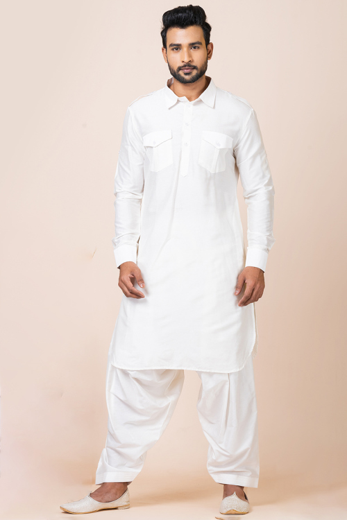 White Silk Straight Cut Pathani Men's Kurta With Salwar 