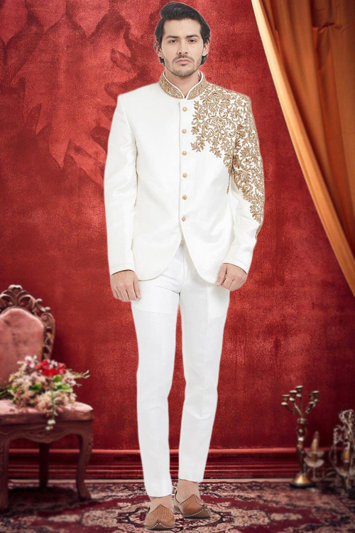 White Velvet Embroidered Jodhpuri Style Men's Coat Pant