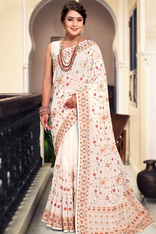 Ivory Zari Embroidered Georgette Saree For Sangeet 