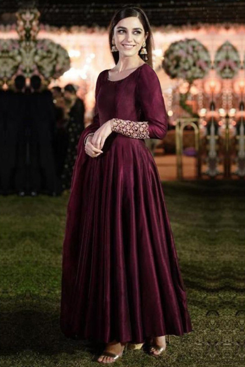 Wine Color Silk Wedding Wedding Anarkali Suit With Zardosi Work