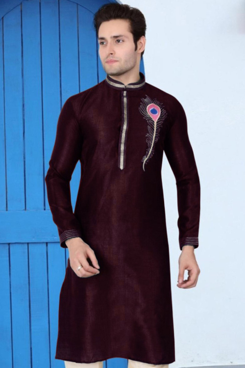 Wine Colour Banglori Silk Kurta For Men