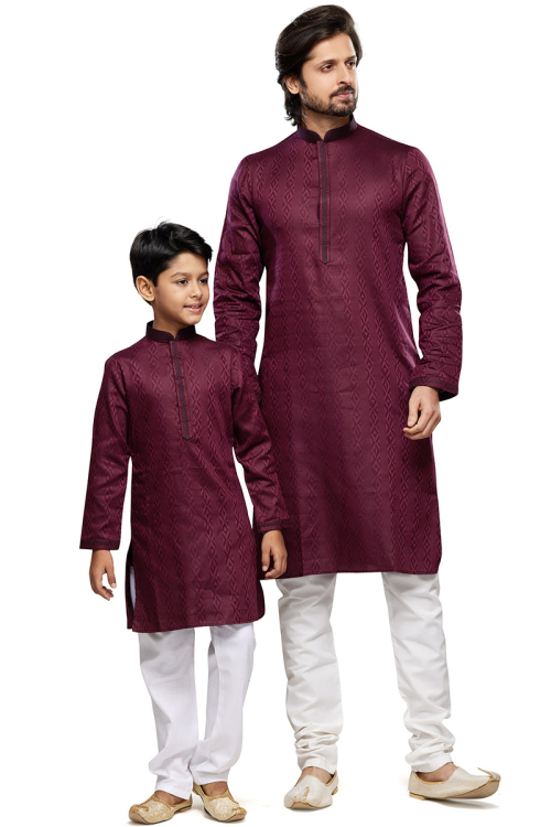 Wine Maroon Art Silk Printed Father Son Duo Kurta With Churidar