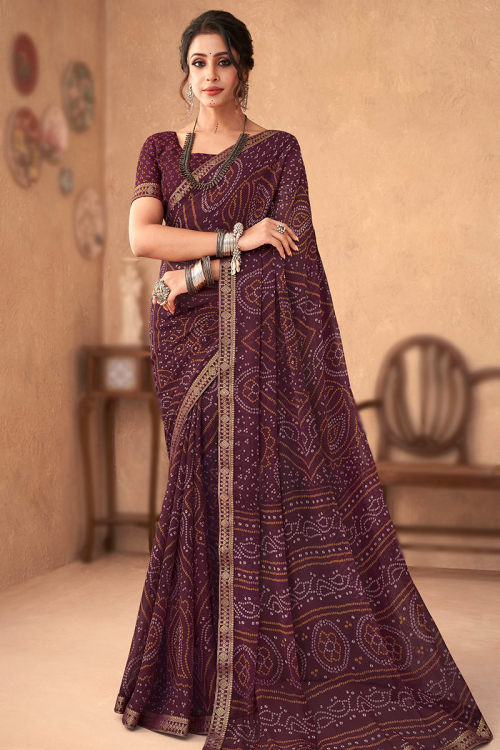Wine Maroon Bandhani Printed Saree in Chiffon 
