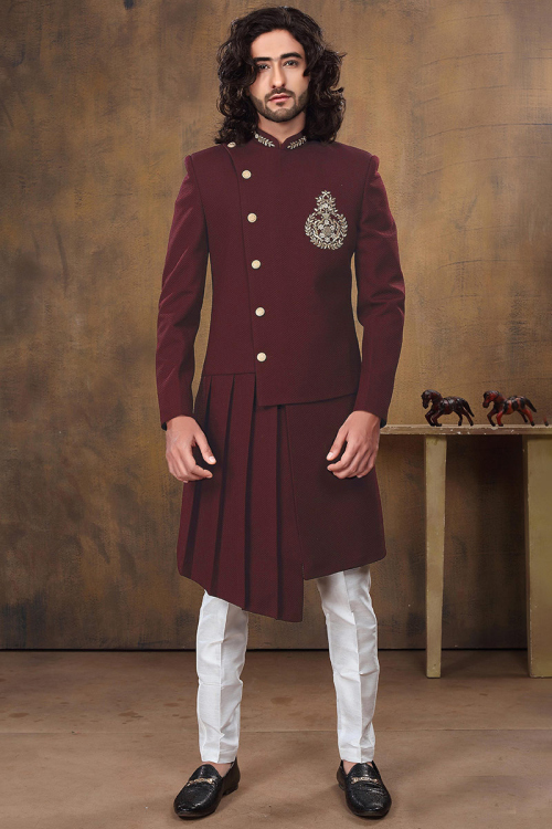 Wine Maroon Birdseye Sequins And Zardozi Embroidered Men Sherwani